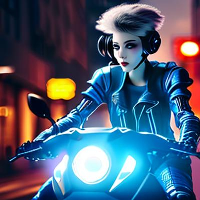 woman of the future riding a motor cycle powered by natural gas