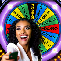 Wheel of chance with an excited woman in front of it