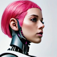 robot head with trendy pink hair