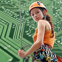 woman climber in front of circuit board