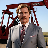 anchorman standing in front of a pump jack