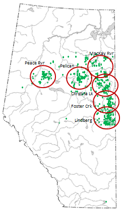 map showing six oil sands areas