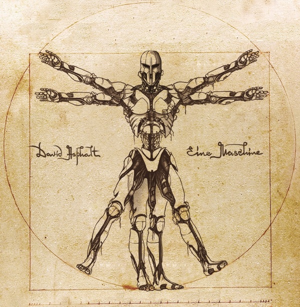 hand drawn after leonardo da vincis vitruvian man but with a robot