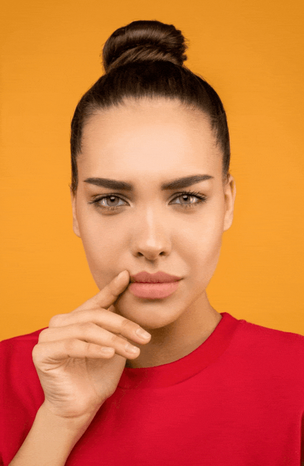 woman in red shirt with a secret