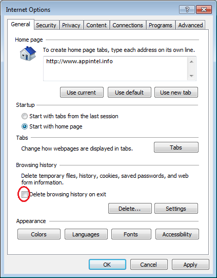 Image showing the option delete browsing history on exit is unchecked.